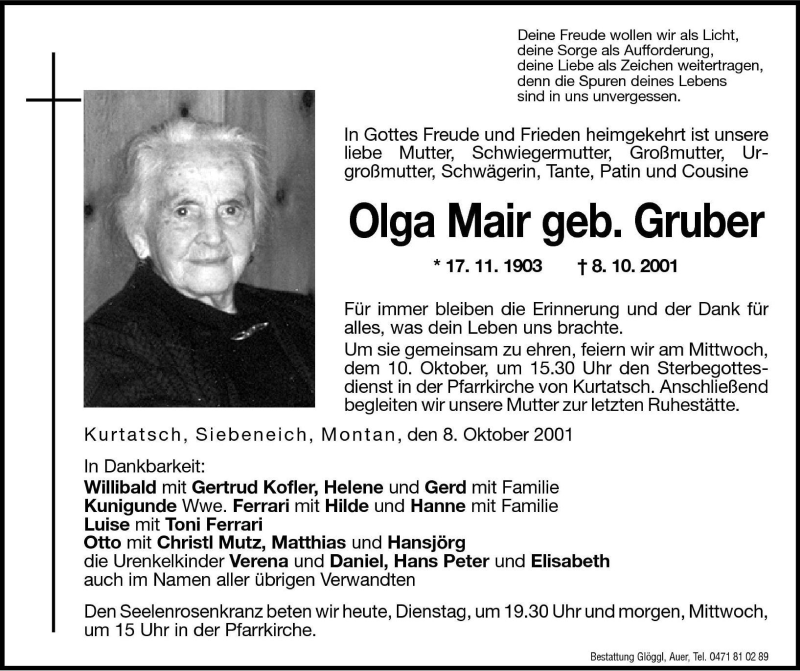  Traueranzeige für Olga Mair vom 09.10.2001 aus Dolomiten