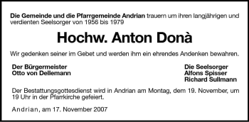 Traueranzeige von Anton Dona von Dolomiten