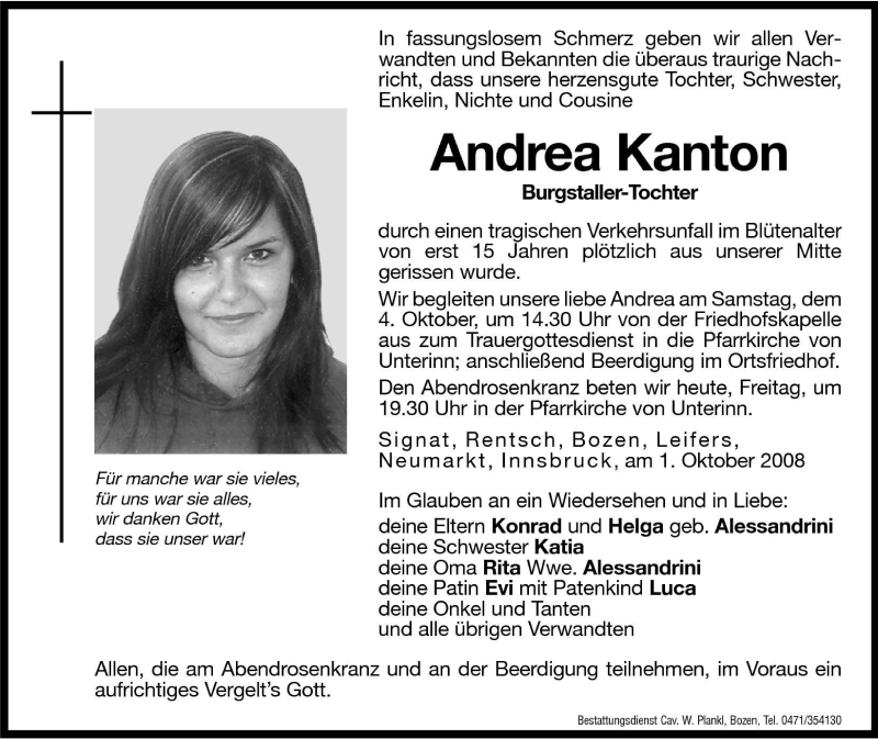  Traueranzeige für Andrea Kanton vom 03.10.2008 aus Dolomiten