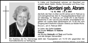 Traueranzeige von Erika Giordani von Dolomiten