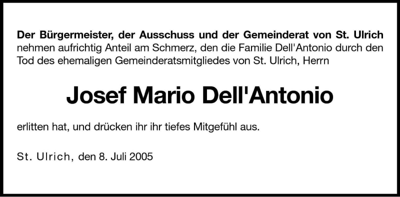  Traueranzeige für Josef Mario Dell' Antonio vom 09.07.2005 aus Dolomiten