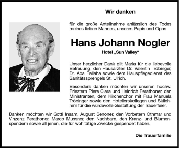 Traueranzeige von Hans Johann Nogler von Dolomiten