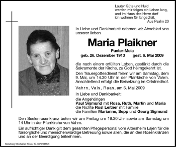 Traueranzeige von Maria Plaikner von Dolomiten