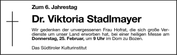 Traueranzeige von Viktoria Stadlmayer von Dolomiten
