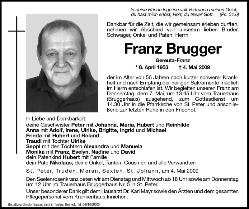  Traueranzeige für Franz Brugger vom 05.05.2009 aus Dolomiten