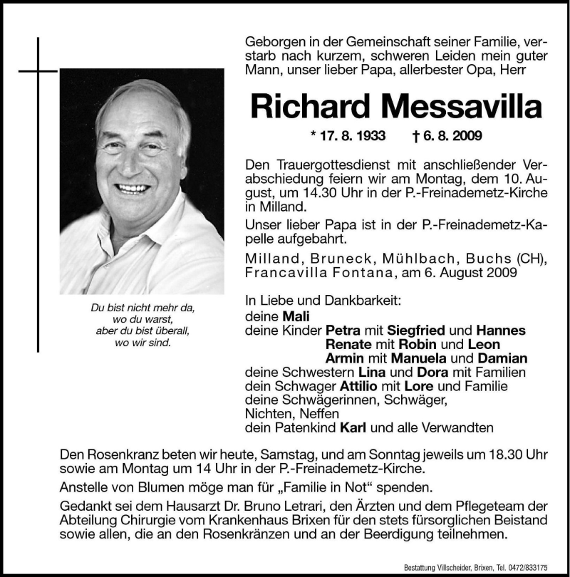  Traueranzeige für Richard Messavilla vom 08.08.2009 aus Dolomiten