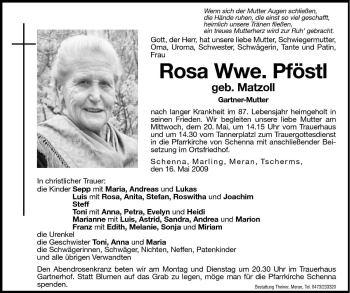 Traueranzeige von Rosa Pföstl von Dolomiten