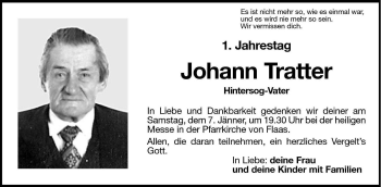 Traueranzeige von Johann Tratter von Dolomiten