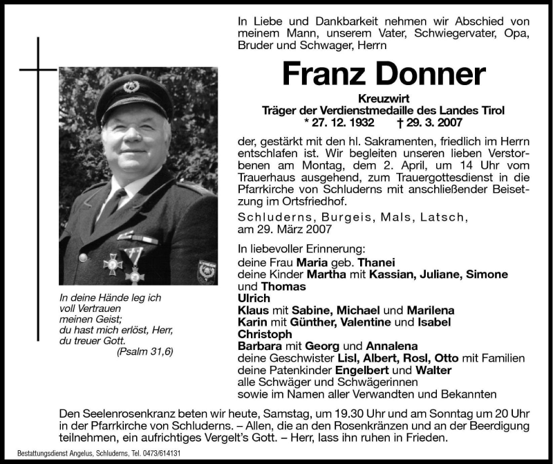  Traueranzeige für Franz Donner vom 31.03.2007 aus Dolomiten