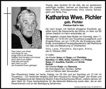 Traueranzeige von Katharina Pichler von Dolomiten