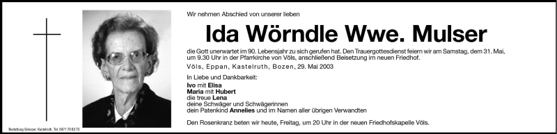  Traueranzeige für Ida Mulser vom 30.05.2003 aus Dolomiten