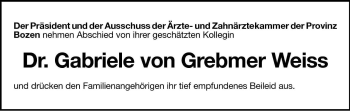 Traueranzeige von Gabriele von Grebmer Weiss von Dolomiten