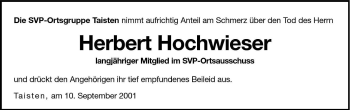 Traueranzeige von Herbert Hochwieser von Dolomiten