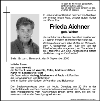 Traueranzeige von Frieda Aichner von Dolomiten