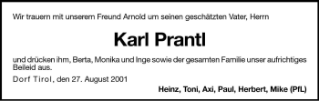 Traueranzeige von Karl Prantl von Dolomiten