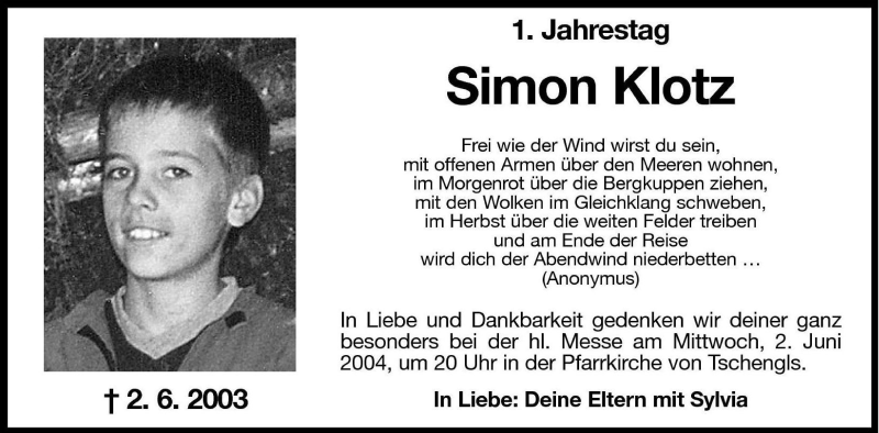  Traueranzeige für Simon Klotz vom 29.05.2004 aus Dolomiten