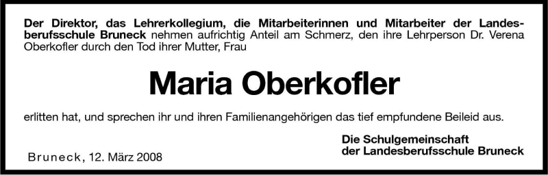  Traueranzeige für Maria Oberkofler vom 13.03.2008 aus Dolomiten