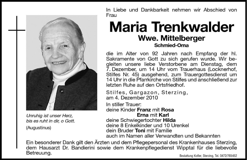  Traueranzeige für Maria Mittelberger vom 06.12.2010 aus Dolomiten