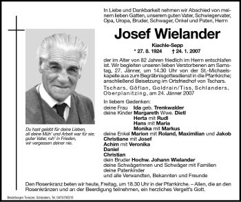 Traueranzeige von Josef Wielander von Dolomiten