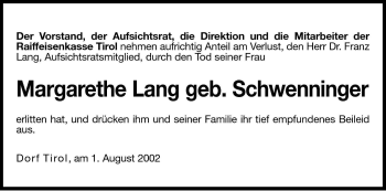 Traueranzeige von Margarethe Lang von Dolomiten