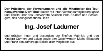 Traueranzeige von Josef Ladurner von Dolomiten
