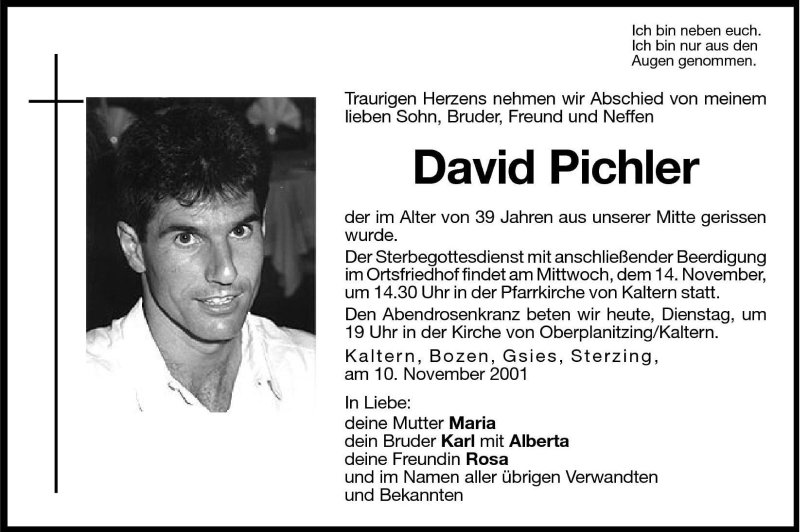  Traueranzeige für David Pichler vom 13.11.2001 aus Dolomiten