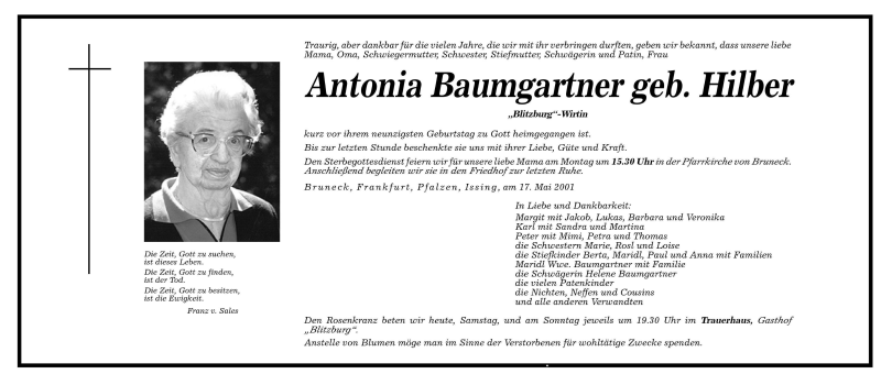  Traueranzeige für Antonia Baumgartner vom 19.05.2001 aus Dolomiten