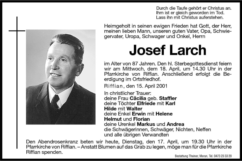  Traueranzeige für Josef Larch vom 17.04.2001 aus Dolomiten