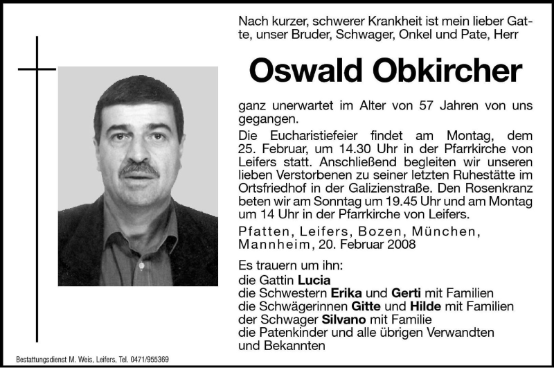  Traueranzeige für Oswald Obkircher vom 23.02.2008 aus Dolomiten