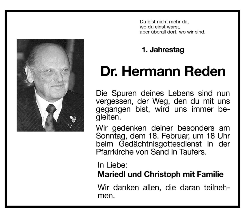  Traueranzeige für Hermann Reden vom 15.02.2001 aus Dolomiten