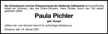 Traueranzeige von Paula Pichler von Dolomiten