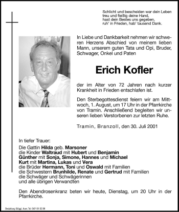 Traueranzeige von Erich Kofler von Dolomiten