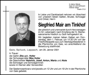 Traueranzeige von Siegfried Mair am Tinkhof von Dolomiten