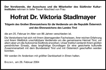 Traueranzeige von Viktoria Stadlmayer von Dolomiten