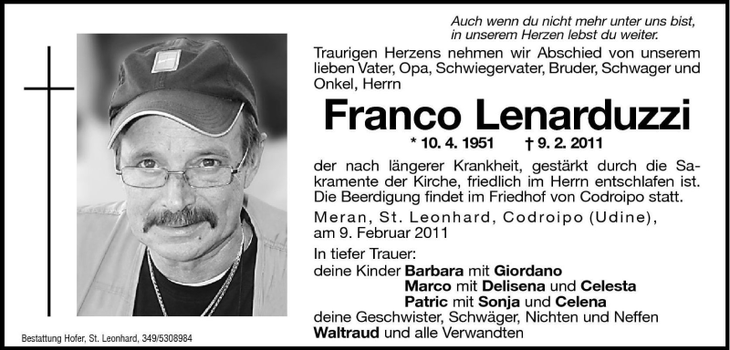  Traueranzeige für Franco Lenarduzzi vom 11.02.2011 aus Dolomiten