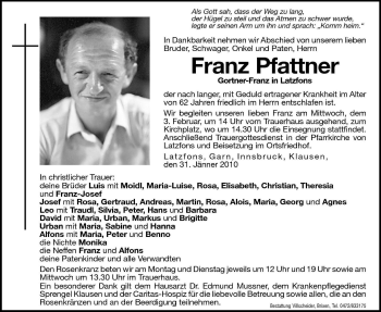 Traueranzeige von Franz Pfattner von Dolomiten