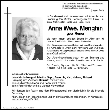 Traueranzeige von Anna Menghin von Dolomiten