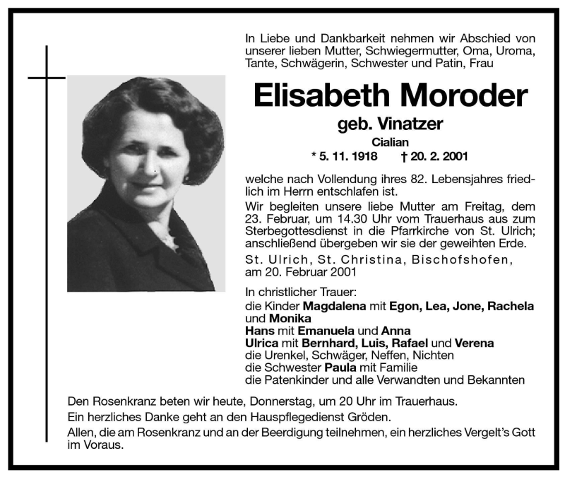  Traueranzeige für Elisabeth Moroder vom 22.02.2001 aus Dolomiten