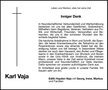 Traueranzeige von Karl Vaja von Dolomiten