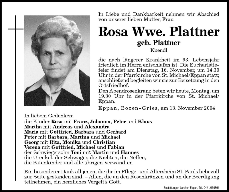  Traueranzeige für Rosa Plattner vom 15.11.2004 aus Dolomiten