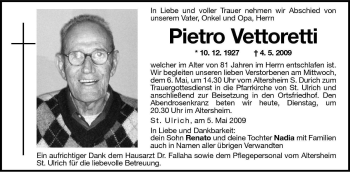 Traueranzeige von Pietro Vettoretti von Dolomiten
