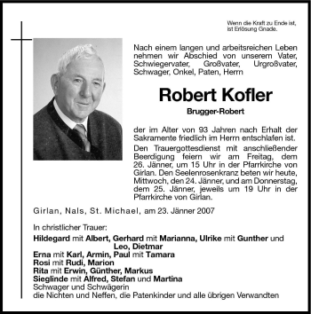 Traueranzeige von Robert Kofler von Dolomiten