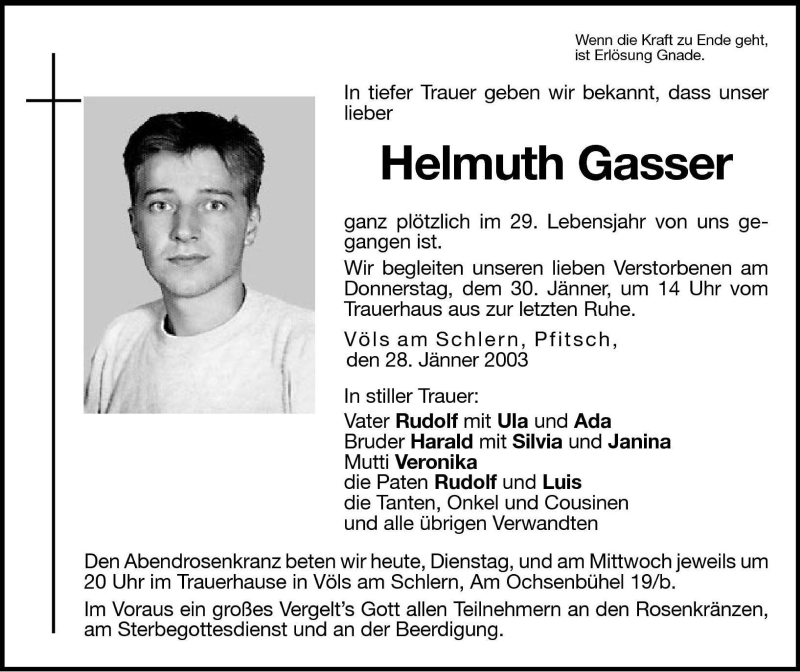  Traueranzeige für Helmut Gasser vom 28.01.2003 aus Dolomiten