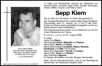 Traueranzeige von Sepp Kiem von Dolomiten