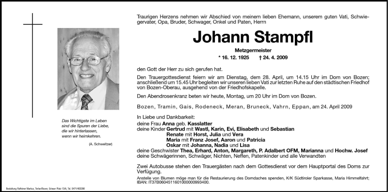  Traueranzeige für Johann Stampfl vom 27.04.2009 aus Dolomiten