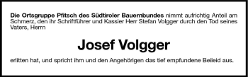 Traueranzeige von Josef Volgger von Dolomiten