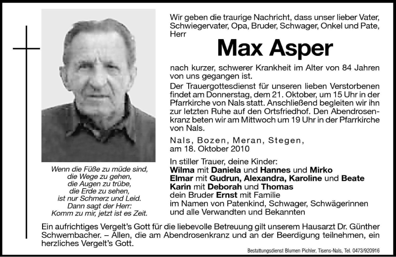  Traueranzeige für Max Asper vom 20.10.2010 aus Dolomiten