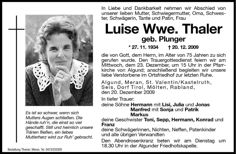  Traueranzeige für Luise Thaler vom 21.12.2009 aus Dolomiten