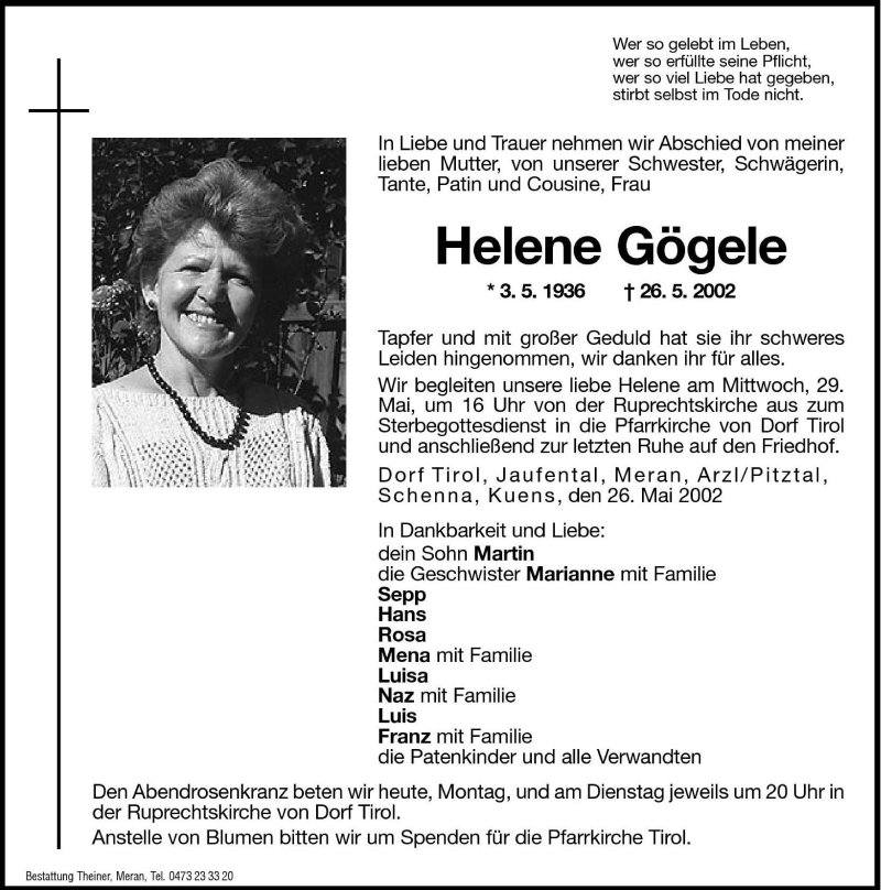 Traueranzeige für Helene Gögele vom 27.05.2002 aus Dolomiten