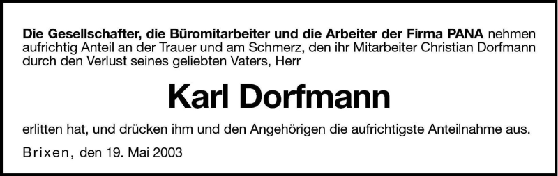  Traueranzeige für Karl Dorfmann vom 20.05.2003 aus Dolomiten